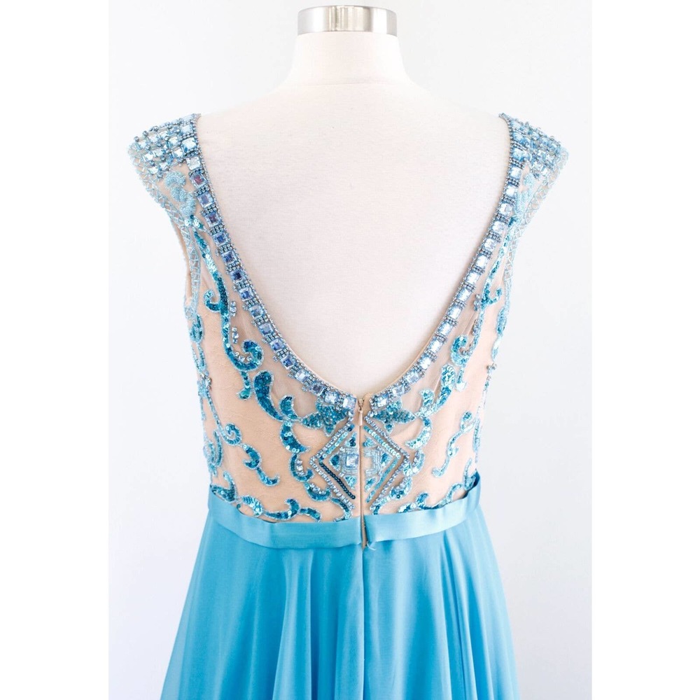 Sherri Hill Turquoise Blue Nude Mesh Beaded Prom Formal Dress Gown Size 12 - Picture 10 of 12